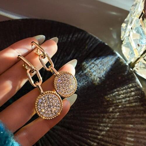New Vintage Crystal Round Dangle Earrings For Women Long Tassel Metal Link Chain Earring Female Boho Jewelry Brincos
