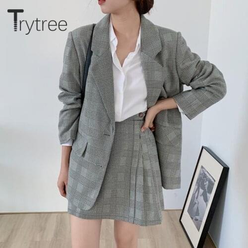 Trytree 2021 Spring Summer Two piece set Casual Single Breasted Blazer Jackets + A-line Skirt Office Lady Plaid Suit 2 Piece Set