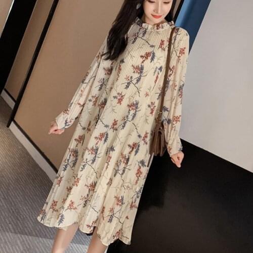 Pleated Mid-calf Chiffon Dress Women Dress 2021 Spring Floral Dress Femal Loose Joker Long Sleeve Dresses Flare Sleeve 7150 50