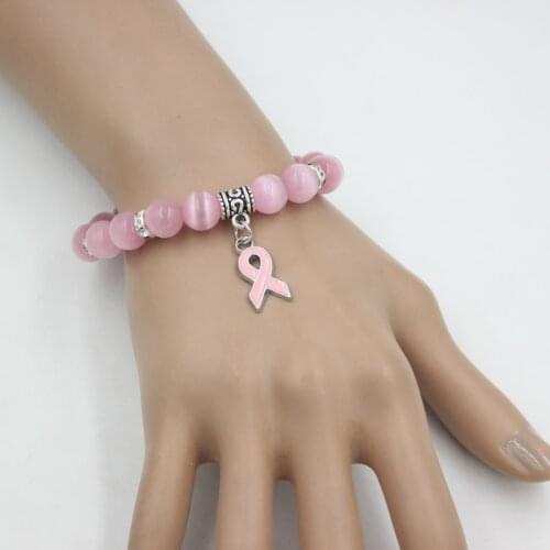 10PCS Pack Breast Cancer Awareness Jewelry White Pink Opal Beaded Bracelet Breast Cancer Pink Ribbon Charm Bracelets&Bangles