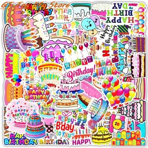 50PCS Happy Birthday Cake Cartoon Graffiti Waterproof Stickers For Luggage Case Decals Helmet Skateboard Laptop