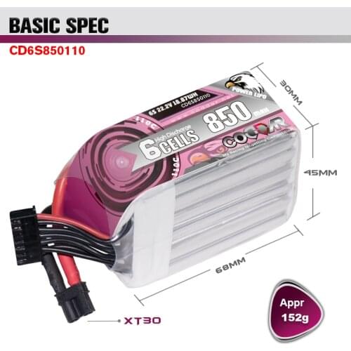 CODDAR 850mAh 6S 22.2V 110C Lipo Battery with XT30/XT60 Plug for FPV Racing Drone RC Quadcopter Helicopter Beta 95X Parts