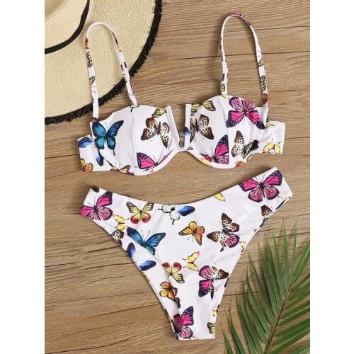 Butterfly Print Bikini 2020 Women Summer Bathers Bathing Suit Underwire Swimsuit Sexy Push Up Padded Thong Swimwear Biquini