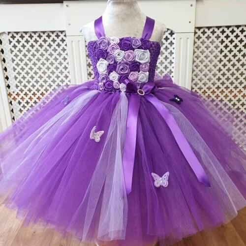 Girls Purple Roses Flower Fairy Dress Kids Butterfly Tulle Tutu Dress Ball Gown with Bow Children Birthday Party Costume Dresses