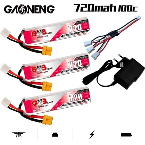 GAONENG GNB 2S 7.6V 720mAh HV Lipo Battery and Charger 100C/200C XT30U-F Plug for RC FPV Whoop Frame Kit Tinywhoop Racing Drone