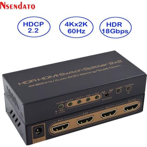 HDR HDMI 4K Splitter 2x2 4Kx2K 60Hz 2 In 2 Out HDMI Switch Converter with Audio EDID Scaler Down For Dolby Monitor PS4 XBOX