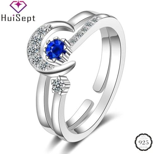 HuiSept 2 in 1 Ring 925 Silver Jewellery Star Moon Shaped Sapphire Zircon Gemstone Open Rings for Female Wedding Party Wholesale