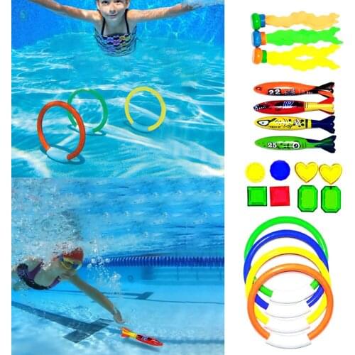Children Diving Training Toys Set PVC Underwater Swimming Set with 4 Diving Torpedoes 4 Diving Rings 8 Diving Strass 3 Seaweeds