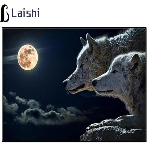 Diamond Painting Kit Full moon night Wolf, 5D Full Diamond Embroidery, Round Square Inlaid Diamonds, Cross Stitch Art Decoration