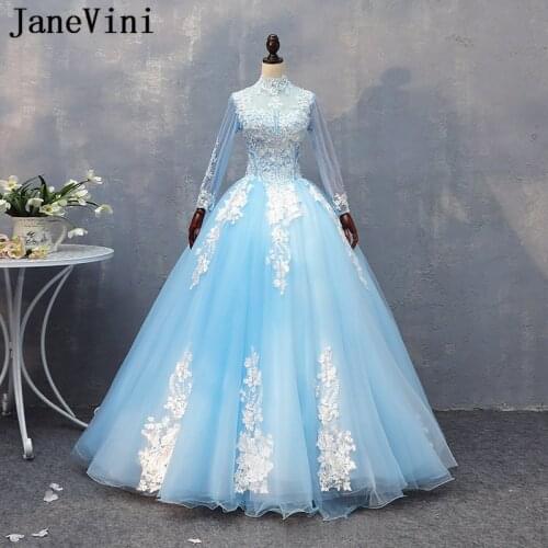 JaneVini 2019 Charming Light Sky Blue Ball Gown Prom Dresses Plus Size High Neck Appliques Beaded Tulle Long Sleeve Prom Gowns