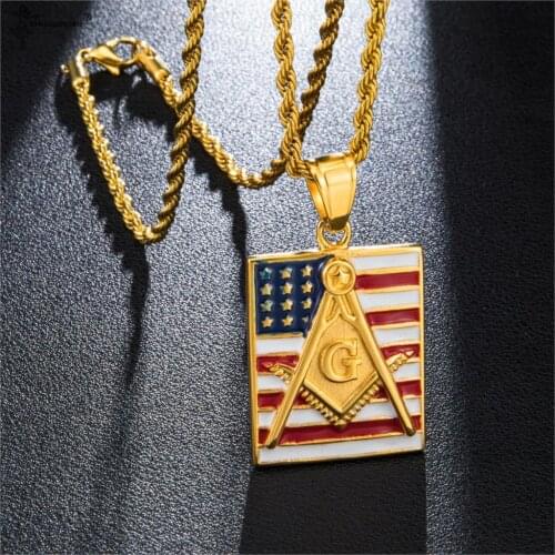 Hip Hop Iced Out Bling Masonic American Flag Paved Rhinestoned Stainless Steel Necklace & Pendants For Men Jewelry Pingente
