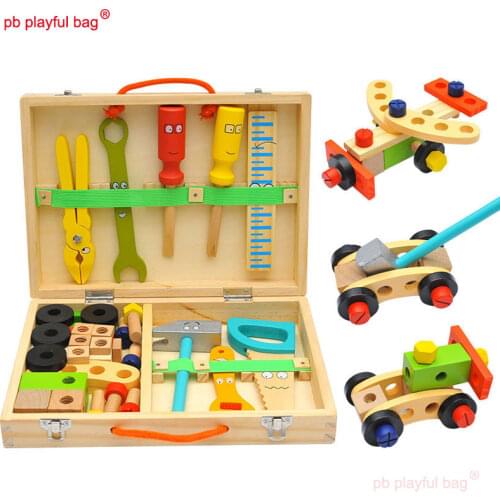 PB Playful bag Montessori Wooden building blocks Simulation Repair Toolbox Cartoon DIY Educational toys for children gift UG23