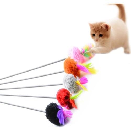 Pet Kitten Pompon Turkey Feather Pompon Wire Teaser Chaser Wand Fun Toy Cat; Fashion 1pc New Interactive Random