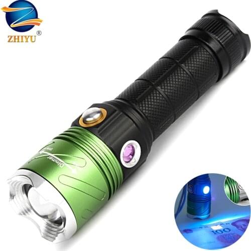 ZHIYU most powerful flashlight focusing outdoor camping rechargeable Violet detector LED torch Use AAA/18650 battery uv lamp