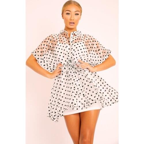 Sexy Women See Through Party Mesh Sheer Dress Tulle Lace Dot Print Dress Short Sleeve High Waist Lace-up Beach Dress White Black