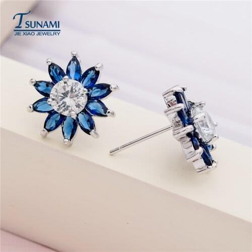 Earrings 2018 Blue 2PCS Famous brand fashionable and exquisite flower zircon earrings Stud Earrings for Women flower