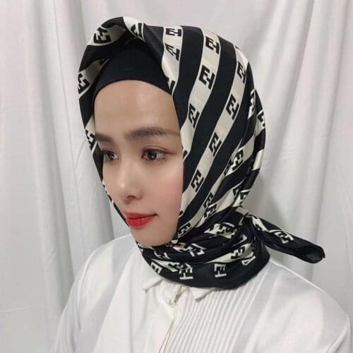 Letter E F print scarves Silk Scarf Women Luxury Brand Foulard Satin Shawl Black Square 90*90cm Head Scarves Bandana Hijab