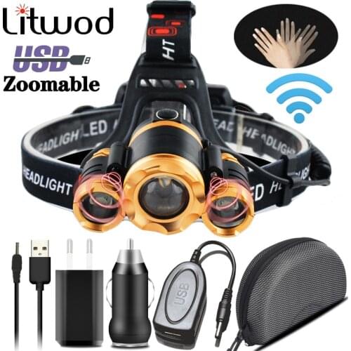 High Quality Sensor LED Headlamp Zoomable T6 Head Flashlight Torch Light Forehead Lamp Fishing Headlight Powerbank 18650 Battery