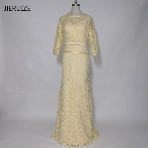 JIERUZIE Champange Vintage Lace Mermaid Evening Dresses Long 3/4 Sleeves Mother of the Bride Dresses Formal Dress robe de soiree