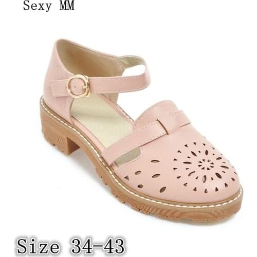 High Quality Women Square Low High Heel Sandals Mary Janes Shoes Woman High Heels Sandals Pumps Plus Size 34 - 40 41 42 43