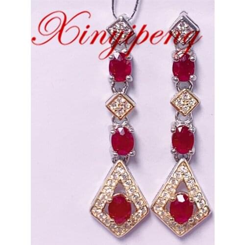 Xin Yipeng Fine Gemstone Jewelry Real S925 Sterling Silver Plated Gold Inlaid Natural Ruby Earring Wedding Party Gift for Women