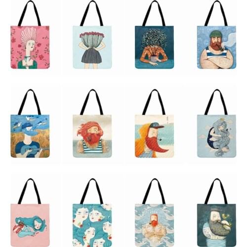 Women Casual Tote Retro Cartoon Illustration Printed Tote Bag For Ladies Shoulder Bag Foldable Shopping Bag Fashion Beach Bag