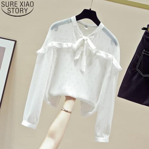 Fashion Blouses Korean White Chiffon Shirts Women Autumn 2021 New Long Sleeve Elegant Ruffles Bow Shirt Ladies Tops 11149