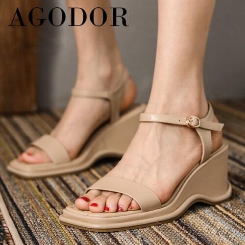 AGODOR Square Toe Sandals Natural Genuine Leather Woman Shoes High Heels Buckle Wedges Heel Sandals Female Footwear Apricot 40