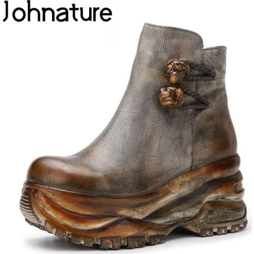 Johnature 2020 New Winter Genuine Leather Retro Round Toe Ankle Boots For Women Wedges Platform Boots Hing Heel