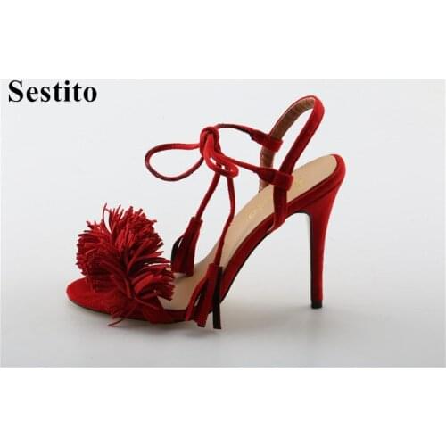 Sestito 2018 Girls Sweet Red Suede Lace-up Ankle Strap Sandals Ladies Tassel Decorated Open Toe Shoes Woman High Heels Shoes