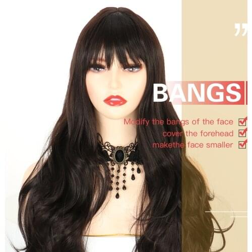 Synthetic Wig Long Loose Wavy Dark Brown Black Wigs with Bangs For Woman Heat Resistant Fiber Wig for Women Daily Cosplay Party