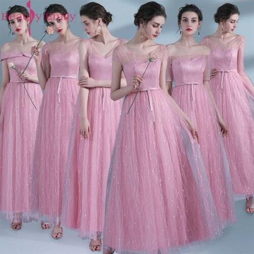 Beauty Emily Long Pink Lace Bridesmaid Dresses 2018 A-Line Sleeveless Lace Up Off the Shoulder Wedding Party Girl Prom Dresses