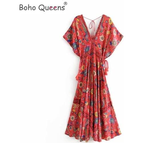 Boho Queens happie women peacock Floral print bat sleeve beach long Bohemian maxi dress Ladies V neck Tassel Summer rayon dress