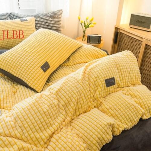 Winter Magic Grid Yellow Fleece Bedding Set 2020 New Duvet Cover Flat Sheet Pillowcase Flannel Velvet Warm Linen 3/4pc European
