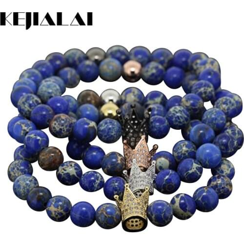 1pcs New Product Charm Men Women Micro Inlay Zircon Crown Bracelet Natural 8mm Regalite Round Stone Beads Bracelet Gift