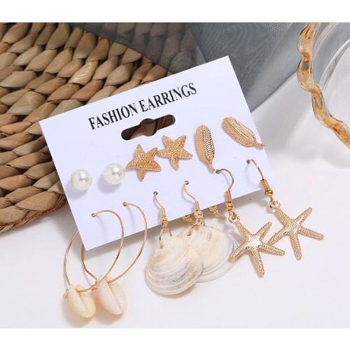2019 New Fashion Gold Color Geometric Earring Set For Women Starfish Shell Beach Jewelry Korean Female 6PCS/Set Stud Earrings