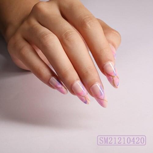 24pcs Pink Nail Patch Pointed Head Glue Type Removable Long Paragraph Fashion Manicure Save Time False Nail Patch Fake Nails