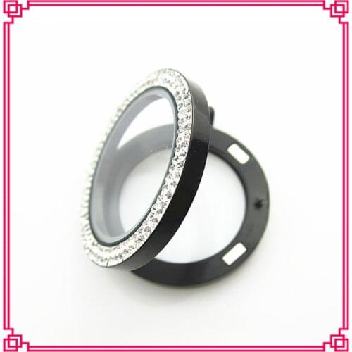 34mm Magnetic Black Stainless Steel Floating Locket Pendant 2 Rows Crystal Living Memory Glass Locket Necklace Fathers Day Gift