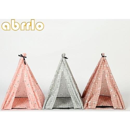Abrrlo 34x34x40cm Floral Plaid Pet Tent Dog House Bowknot Pet Cage Easy Operation Washable Dogs Cats Bed Playpen Puppy Kennel