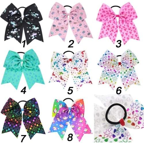 CN 8pcs/lot 7" Unicorn Cheer Bows For Kids Girls Handmade Metalic Ribbon Ponytail Valentines Hair Bows Gift Hair Accessories