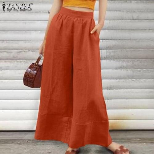 5XL ZANZEA Vintage Women Pants 2021 Summer OL Cotton Linen Pants Casual Solid Loose Pant Female Elastic Waist Bottoms Plus Size