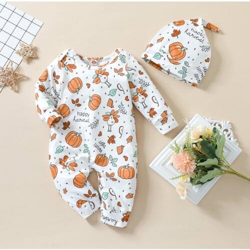 Toddler Baby Casual Ropmer with Hat Cute Thanksgiving Turkey Pumpkin Print Long Sleeve Long Pants Jumpsuit