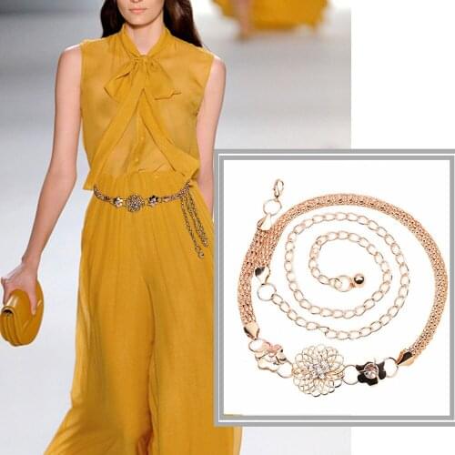 Elegant Clothes belt Women Lady Fashion Metal Chain Style Belt Body Hollow diamond flower waist chain belt Metal dress gold#L12