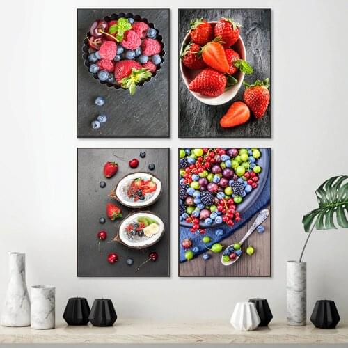 Food Kitchen Poster Wall Art Canvas Print Blueberry Mulberry Strawberry Yogurt Painting Picture Modern Dining Room Home Decor