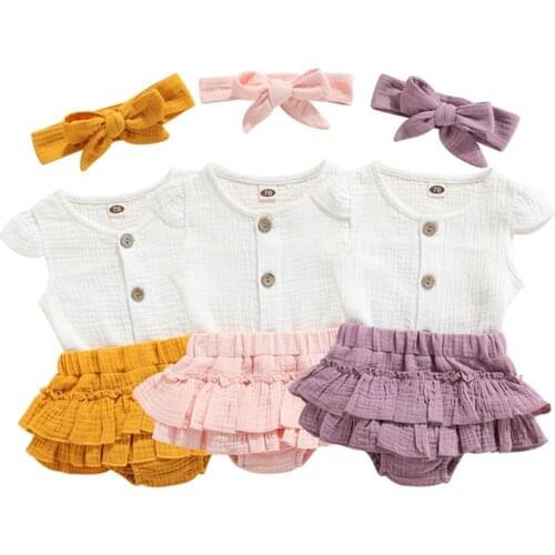 2021 Summer Baby Girls Three-piece Clothes Set Solid Color Round Collar Tops High Waist Shorts and Headdress Toddler Girl Suit