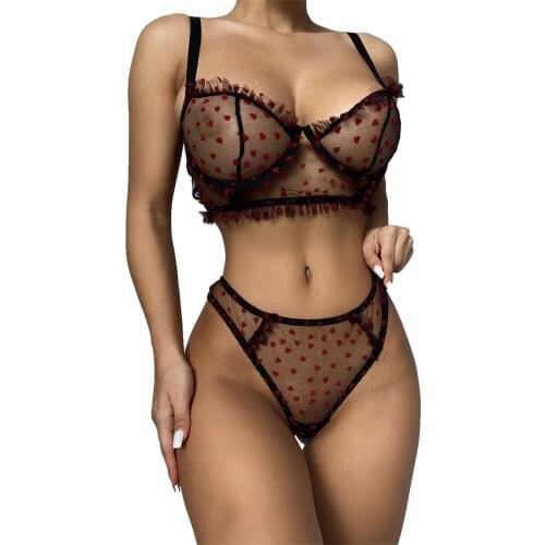 Women Sexy Lingerie Set Babydoll Heart Print Perspective Mesh Sheer Brassiere Panties Set Ladies Exotic Underwear Set Nightwear