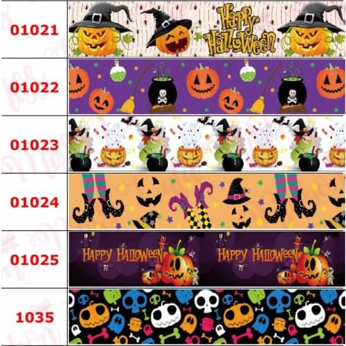16mm-75mm Halloween Series Cartoon Ghost Skull Pumpkin Printed Grosgrain/Foe Ribbon Star DIY Hair Bowknots 50yards/roll