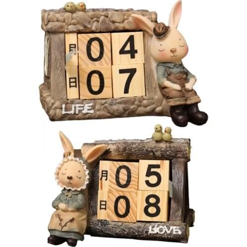 Cute Bunny Calendar Resin Wooden House Table Calendars Tabletop Home Easter Party Decoration