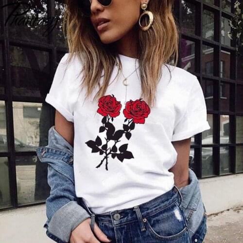 Phantasy Fashion Red Rose Printed Women T-Shirt O-Neck Loose Plus Size Short Sleeve Tops Summer Womens Clothing Casual T-Shirt