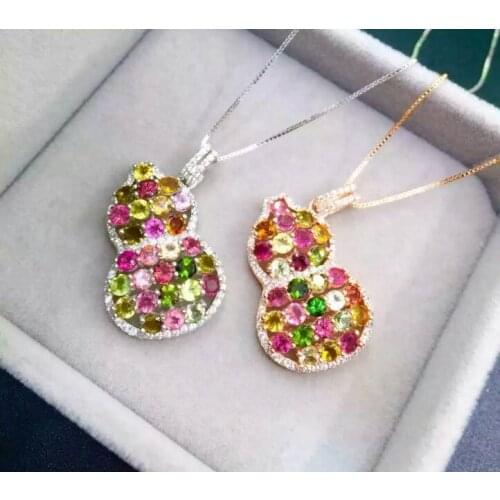 Natural multicolor tourmaline pendant 925 sterling silver Natural Gemstone Pendant Necklace identity Lucky gourd women fine